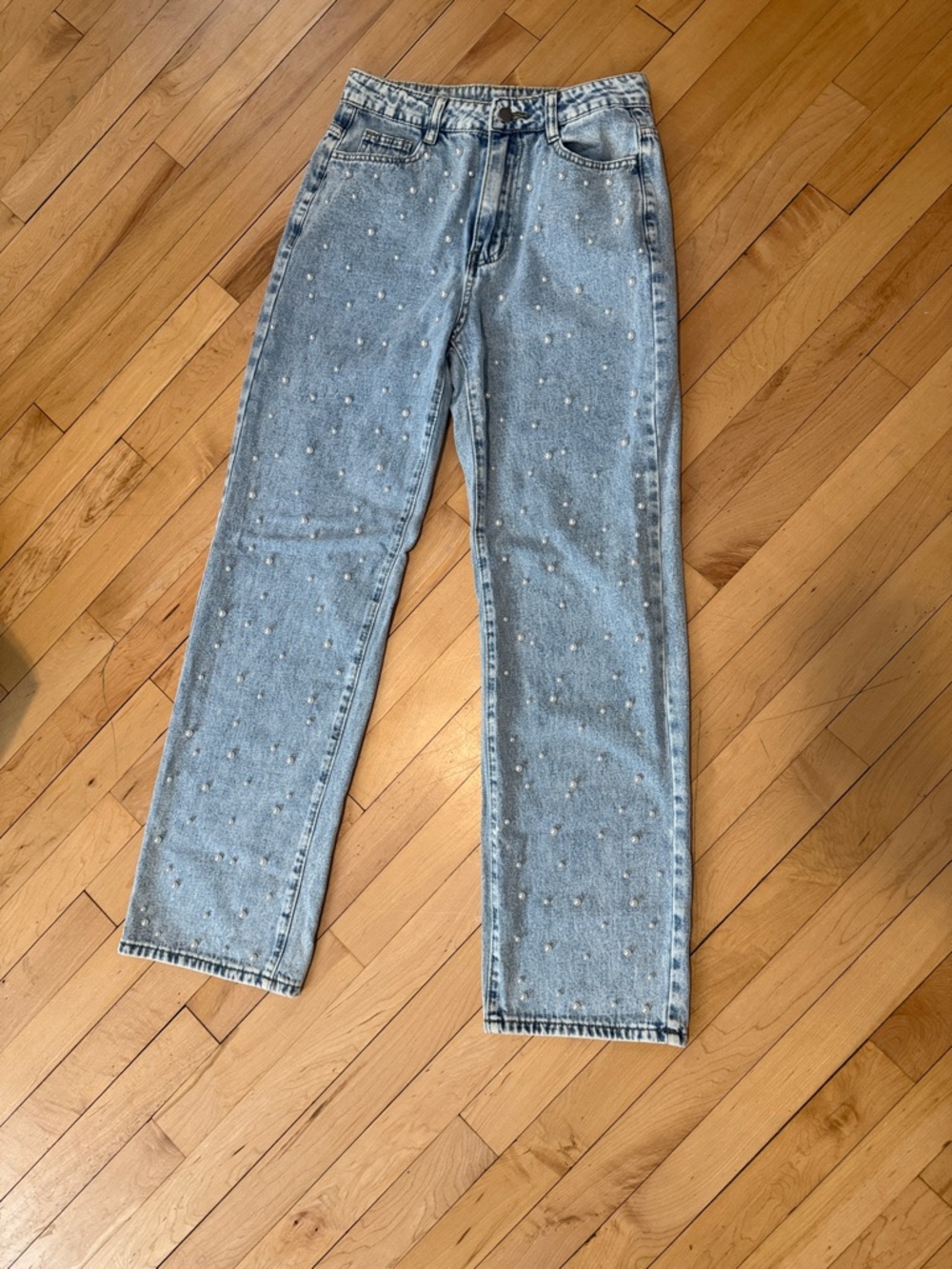 Light Blue Pearl-Embellished Women's Jeans